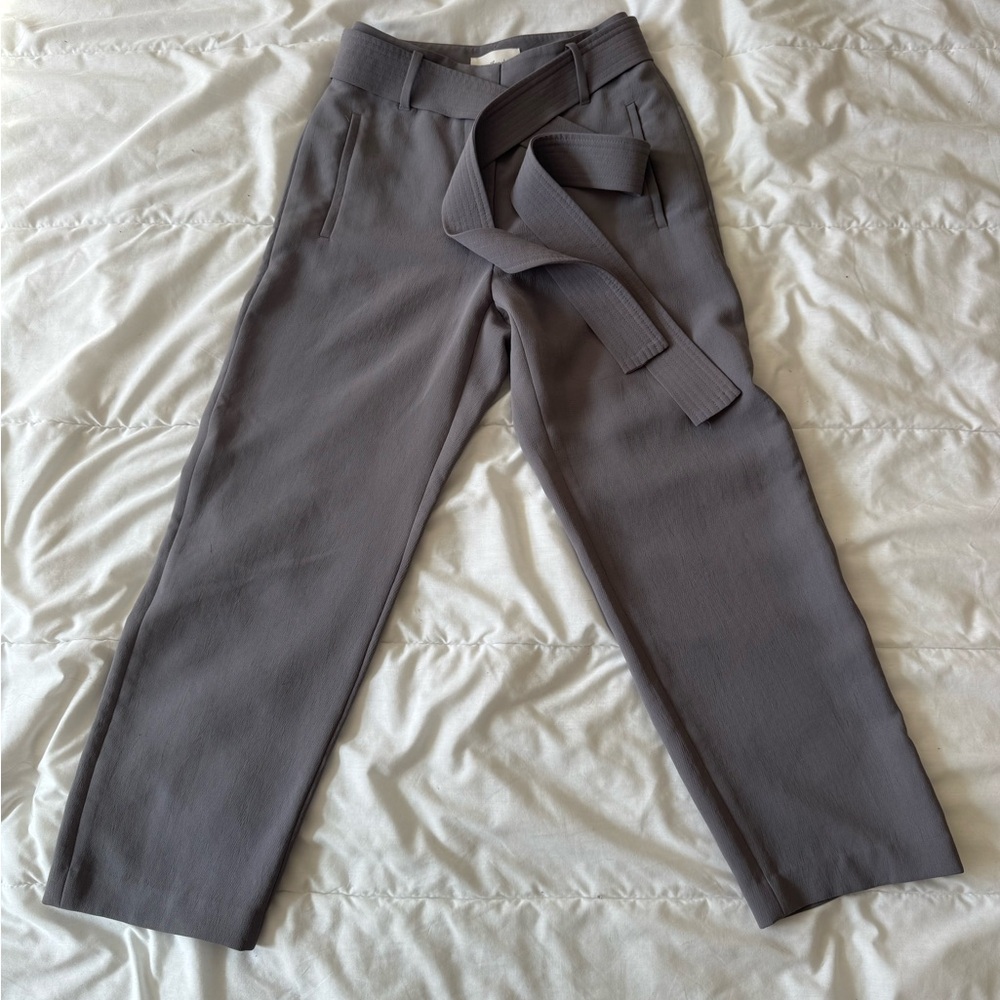 Aritzia Wilfred Tie Front Pants High-Waisted Belted Grey Blue Japanese Crepe